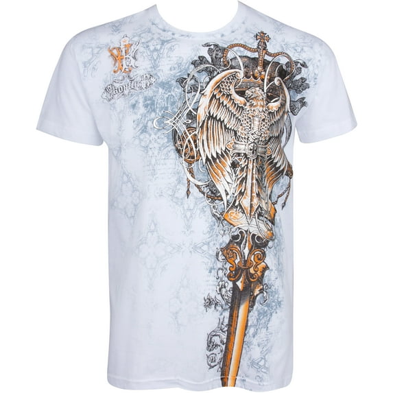 Sakkas Eagle Perched on a Sword Metallic Silver Embossed Cotton Mens T-Shirt - White - Medium