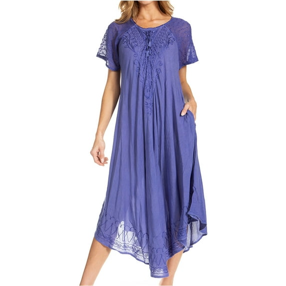 Sakkas Egan Long Embroidered Caftan Dress / Cover Up With Embroidered Cap Sleeves - A-Navy - One Size Regular