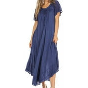 Sakkas Egan Long Embroidered Caftan Dress / Cover Up With Embroidered Cap Sleeves - A-Navy - One Size Regular