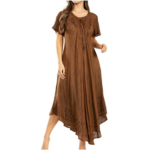 Sakkas Egan Long Embroidered Caftan Dress / Cover Up With Embroidered Cap Sleeves - A-Rust - One Size Regular