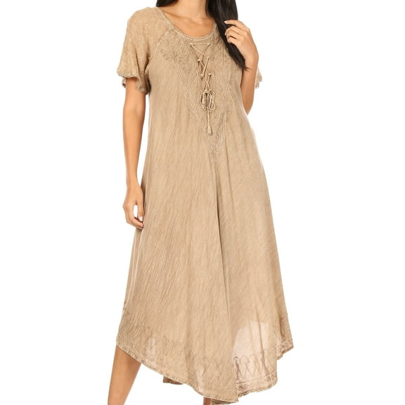 Sakkas Egan Long Embroidered Caftan Dress / Cover Up With Embroidered Cap Sleeves - Beige - One Size Regular