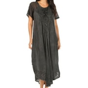 Sakkas Egan Long Embroidered Caftan Dress / Cover Up With Embroidered Cap Sleeves - Black - One Size Regular