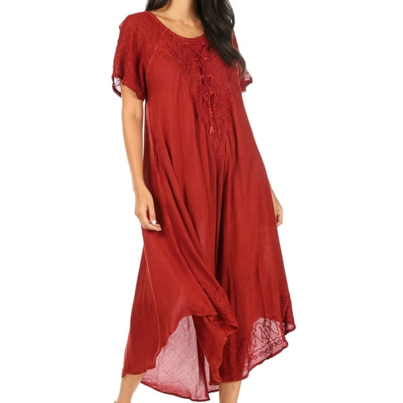 Sakkas Egan Long Embroidered Caftan Dress / Cover Up With Embroidered Cap Sleeves - Red - One Size Regular