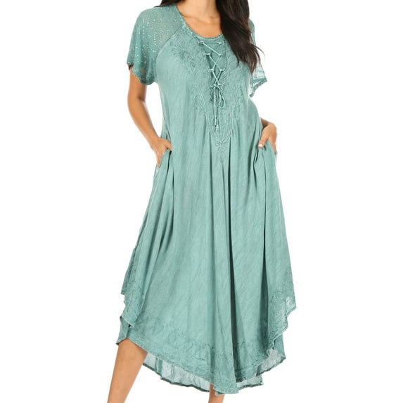 Sakkas Egan Long Embroidered Caftan Dress / Cover Up With Embroidered Cap Sleeves - Teal - One Size Regular