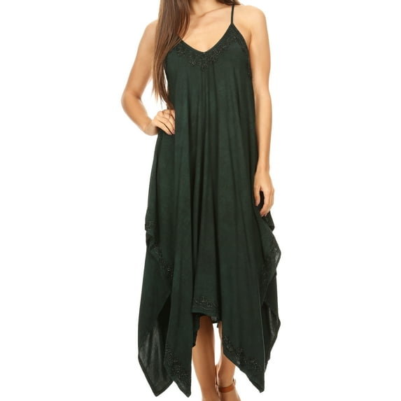 Sakkas Eleonora Stonewashed Embroidered Spaghetti Strap Handkerchief Dress - Dark Green - One Size Regular