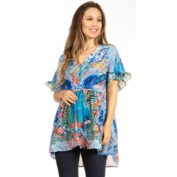 Sakkas Eli Women's Casual V neck Swing Ruffle Short Sleeve Top Blouse Tunic Floral - 587-Blue - S/M