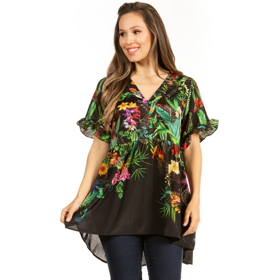 Sakkas Eli Women's Casual V neck Swing Ruffle Short Sleeve Top Blouse Tunic Floral - 588-Black - L/XL