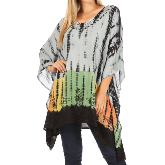Sakkas Eliana Wide Long Tall Embroidered Tie Dye Ombre Batik Poncho Top Blouse - Black - One Size
