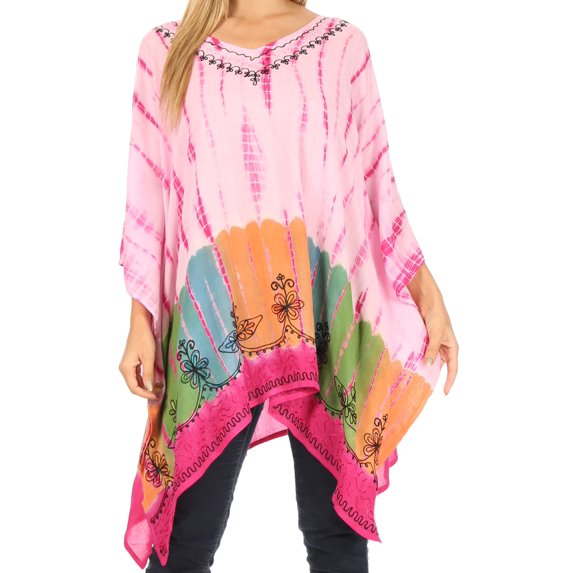 Sakkas Eliana Wide Long Tall Embroidered Tie Dye Ombre Batik Poncho Top Blouse - Fuchsia - One Size