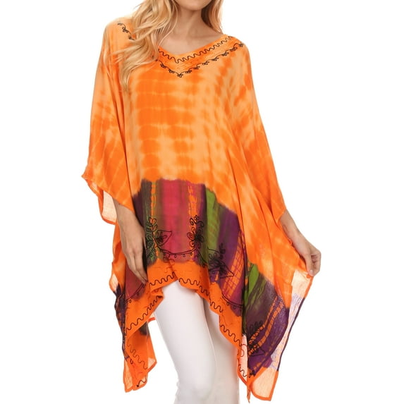 Sakkas Eliana Wide Long Tall Embroidered Tie Dye Ombre Batik Poncho Top Blouse - Orange - OS