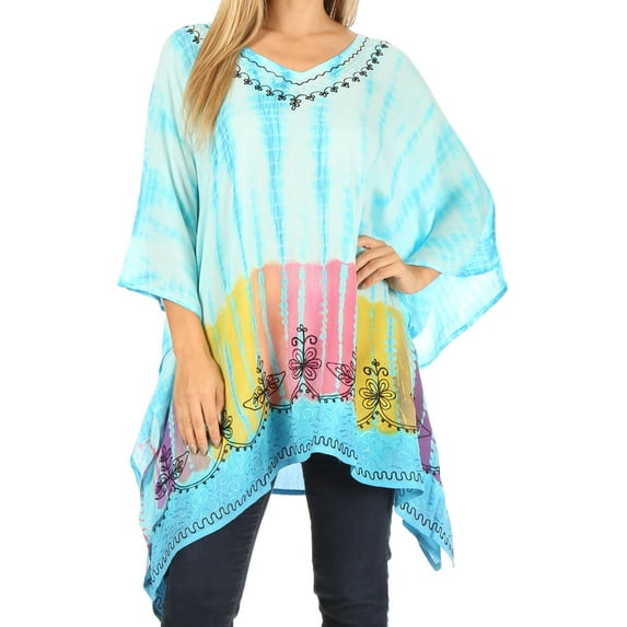 Sakkas Eliana Wide Long Tall Embroidered Tie Dye Ombre Batik Poncho Top Blouse - Turquoise - One Size
