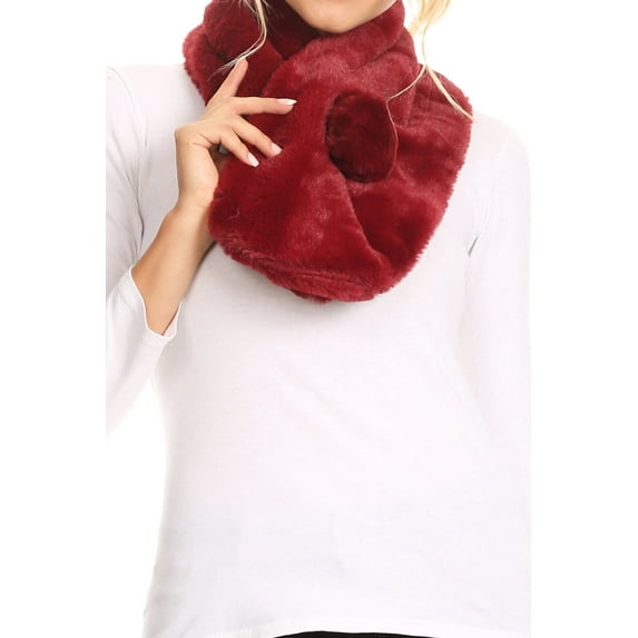 Sakkas Elise Faux Fur Mink Soft Warm Scarf with Pom-Pom - Burgandy - One Size Regular