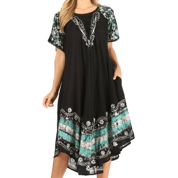 Sakkas Elisha Mid Length Batik Caftan Embroidered Cap Sleeves Floral Pattern - Black / Mint - One Size