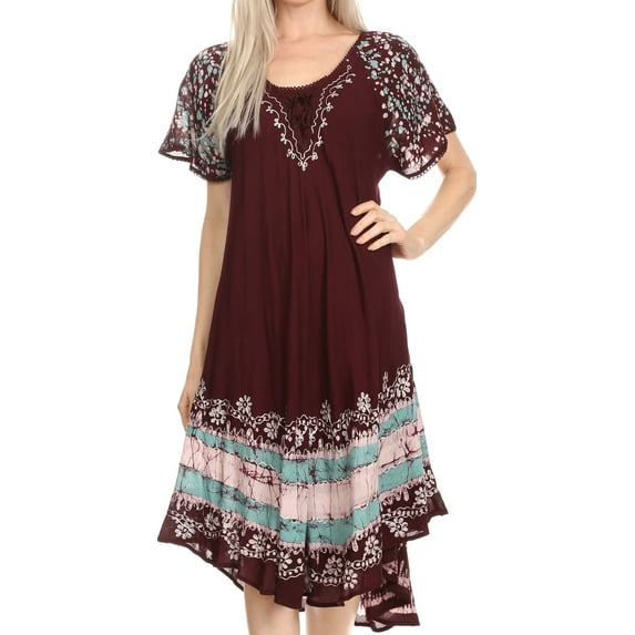 Sakkas Elisha Mid Length Batik Caftan Embroidered Cap Sleeves Floral Pattern - Chocolate / Mint - One Size