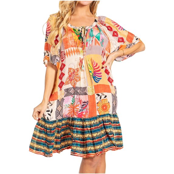 Sakkas Eliza Women's Cocktail Short Sleeve Floral Print Boho Dress Summer Casual - 637 - One Size