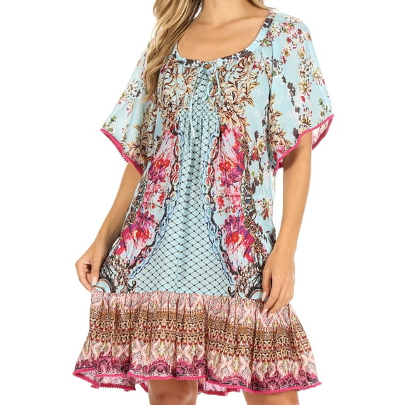 Sakkas Eliza Women's Cocktail Short Sleeve Floral Print Boho Dress Summer Casual - TTU375-Turq - One Size