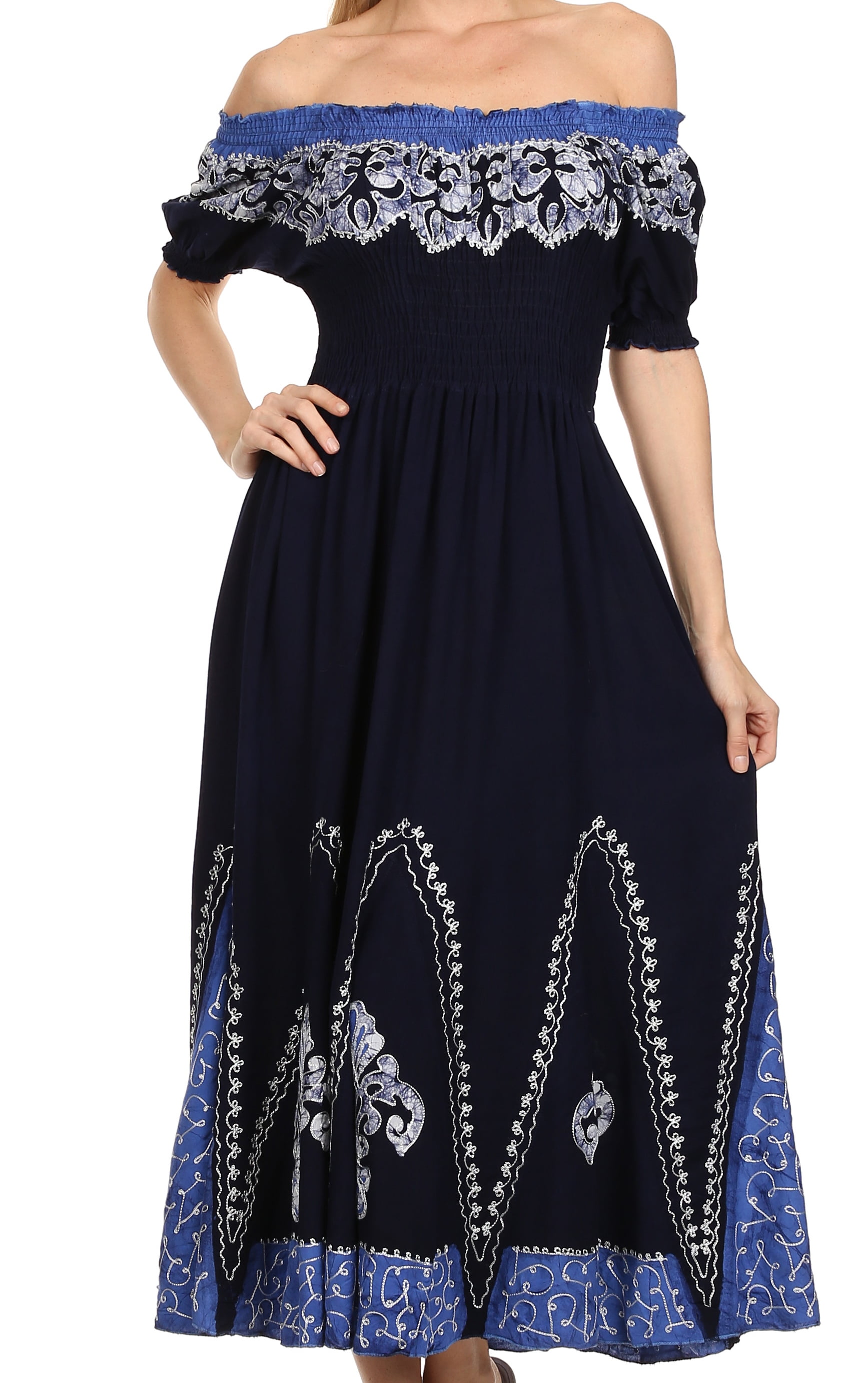 Sakkas Elizabeth Batik Embroidered Peasant Dress - Navy / Blue - One Size -  Walmart.com