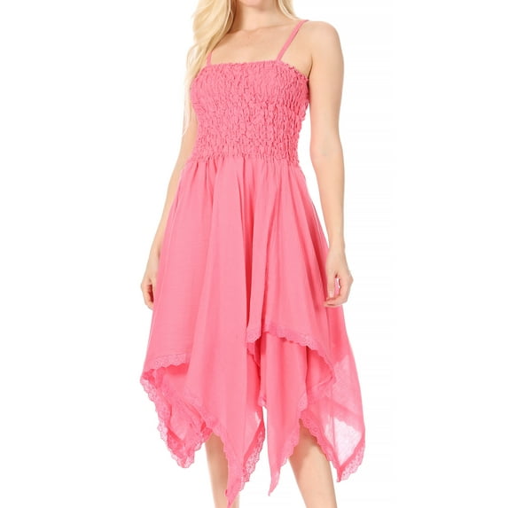 Sakkas Ella Smocked Bodice Spaghetti Strap Double Layered Dress - Pink - One Size Regular
