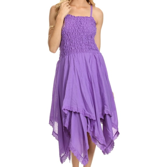 Sakkas Ella Smocked Bodice Spaghetti Strap Double Layered Dress - Purple - One Size Regular