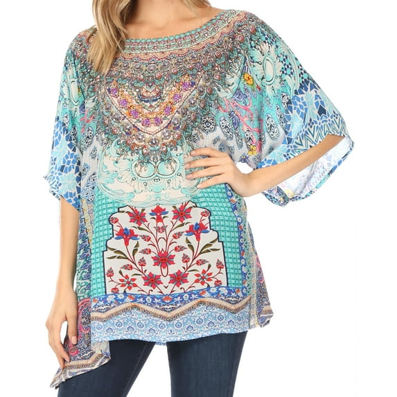 Sakkas Ella Women's Casual Short Sleeve Boxy Trendy Print Boho Blouse Top Tunic - 462 - One Size