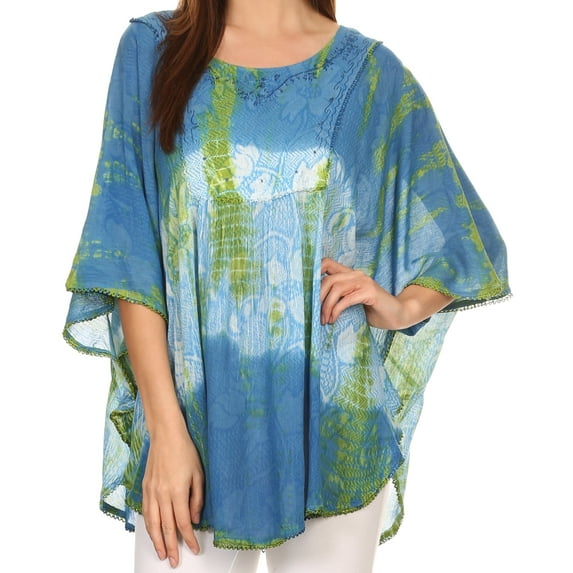 Sakkas Ellesa Ombre Tie Dye Circle Poncho Blouse Shirt Top With Sequin Embroidery - Blue / Cream - One Size Regular