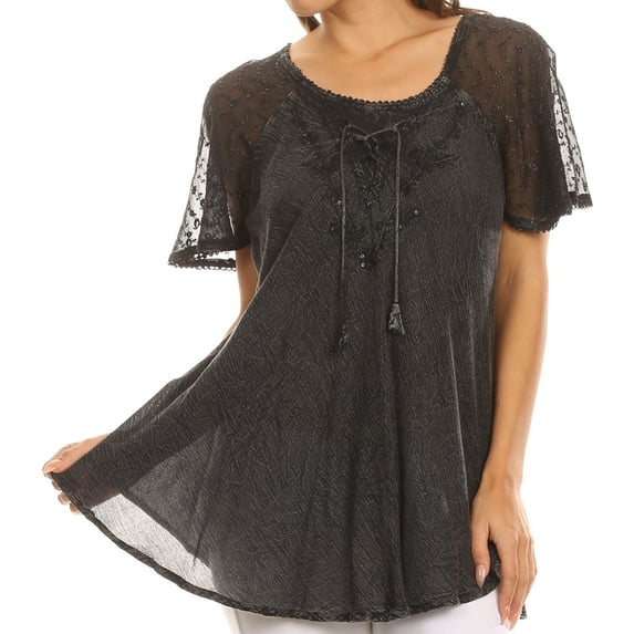 Sakkas Ellie Sequin Embroidered Cap Sleeve Scoop Neck Relaxed Fit Blouse - Charcoal - Plus Size