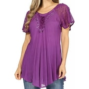 Sakkas Ellie Sequin Embroidered Cap Sleeve Scoop Neck Relaxed Fit Blouse - Purple - Plus Size
