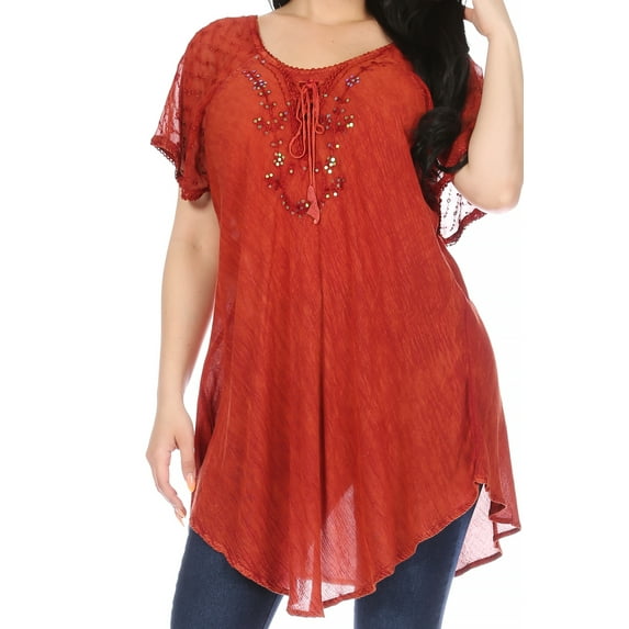 Sakkas Ellie Sequin Embroidered Cap Sleeve Scoop Neck Relaxed Fit Blouse - Red - One Size