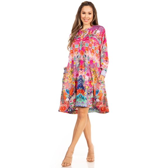 Sakkas Eloisa Women's Long Sleeve Swing Tunic Shift Dress Pockets Floral Print - 574-Pink - L/XL