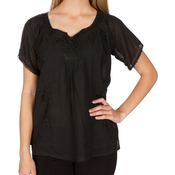 Sakkas Embroidered 100% Cotton Semi-Sheer Short Sleeve Gauzy Top / Blouse - Black - 3XL