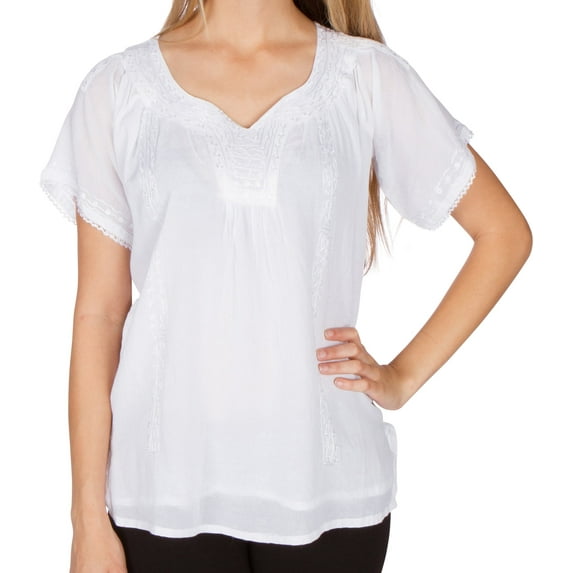 Sakkas Embroidered 100% Cotton Semi-Sheer Short Sleeve Gauzy Top / Blouse - White - Medium