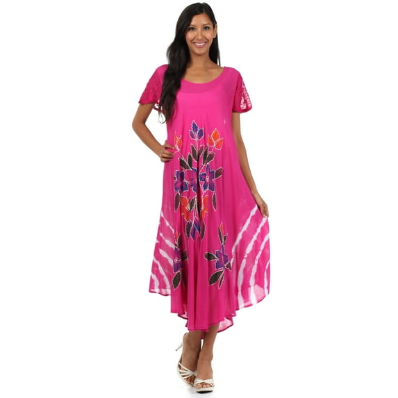 Sakkas Embroidered Painted Floral Cap Sleeve Reyon Dress - Fuchsia - One Size