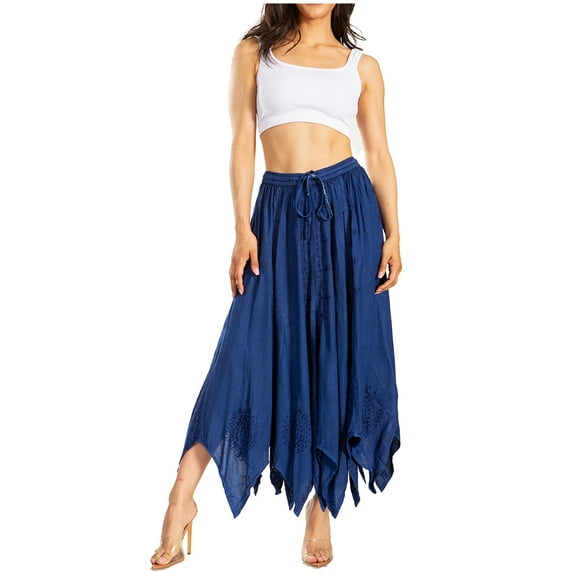 Sakkas Emery Womens Vintage Retro Maxi Rayon Embroidered Zigzag Hem Flowy Skirt - Navy - S/M