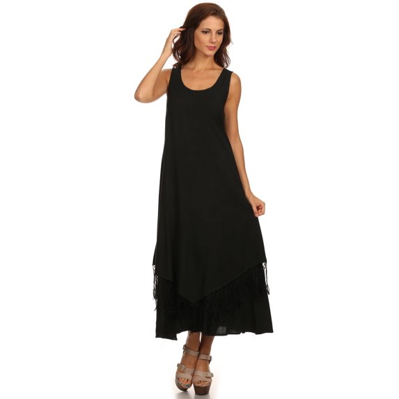Sakkas Emma Relaxed Fit Scoop Neck Double Layered with Fringe Tank Dress - Black - L/XL