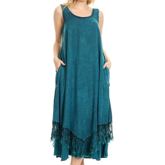 Sakkas Emma Relaxed Fit Scoop Neck Double Layered with Fringe Tank Dress - Turquoise - S/M