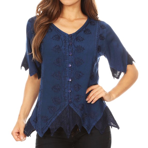 Sakkas Emma Womens Stonewashed V neck Short Sleeve Blouse Top Crochet Button Down - Blue - Medium