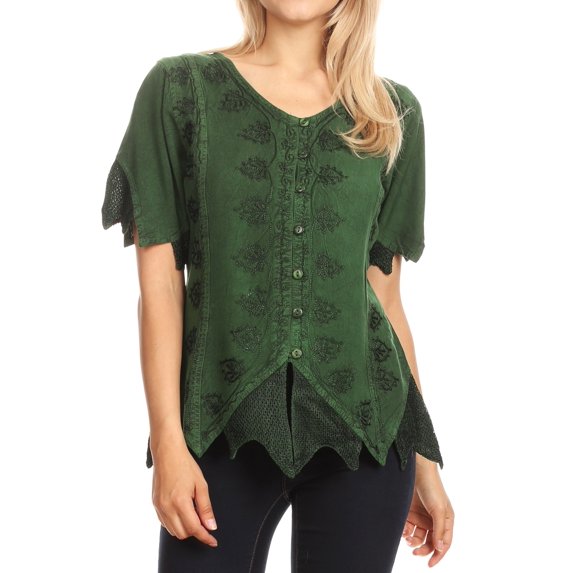 Sakkas Emma Womens Stonewashed V neck Short Sleeve Blouse Top Crochet Button Down - Green - Medium