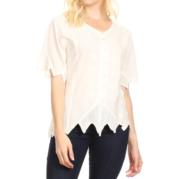 Sakkas Emma Womens Stonewashed V neck Short Sleeve Blouse Top Crochet Button Down - Ivory - Large