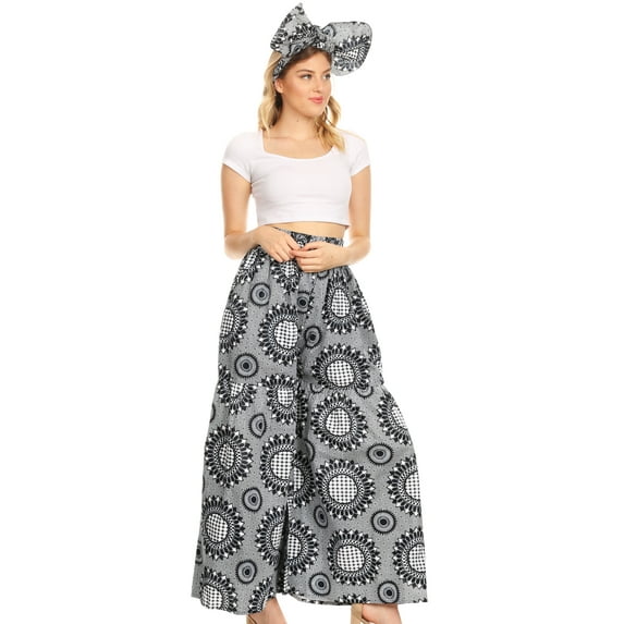 Sakkas Esme Women's African Ankara Flared Wide Leg Palazzo Pants with Pockets - 26-BlackWhite - One Size Regular
