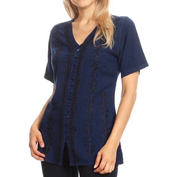 Sakkas Estella Womens Short Sleeve V neck Button Down Top Blouse with Embroidery - Blue - XL