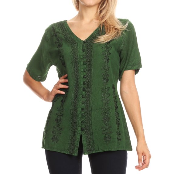 Sakkas Estella Womens Short Sleeve V neck Button Down Top Blouse with Embroidery - Green - XXL