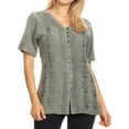 thumbnail image 1 of Sakkas Estella Womens Short Sleeve V neck Button Down Top Blouse with Embroidery - Light Grey - Medium, 1 of 5