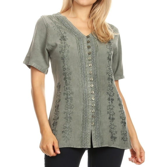 Sakkas Estella Womens Short Sleeve V neck Button Down Top Blouse with Embroidery - Light Grey - Medium