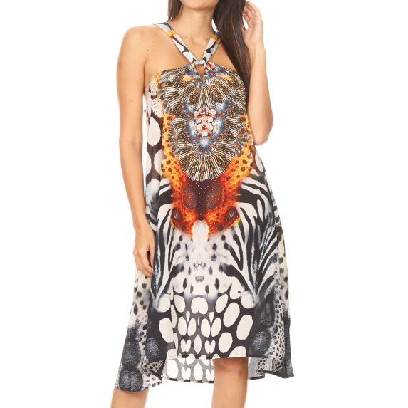 Sakkas Eva Women's Casual Summer Cocktail Boho Sleeveless Short Dress with Print - EW259-White - One Size Regular