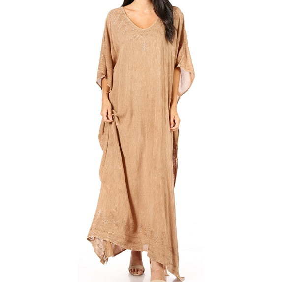 Sakkas Favi Womens Casual Long Maxi Dress Caftan Cover Up Loungewear in Rayon - Beige - One Size Regular