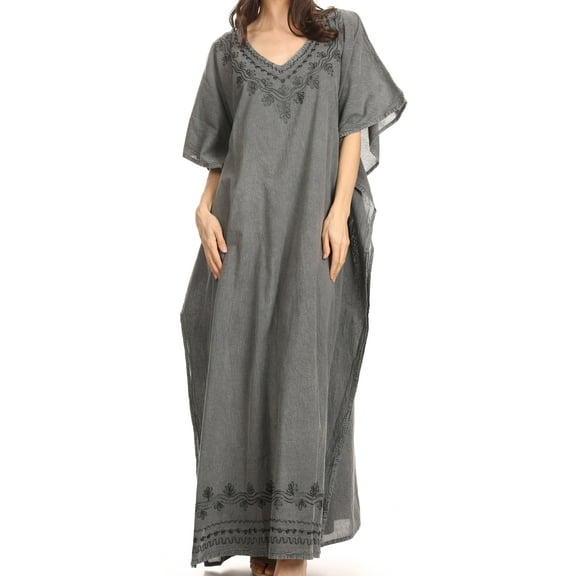 Sakkas Favi Womens Casual Long Maxi Dress Caftan Cover Up Loungewear in Rayon - Light Grey - One Size Regular