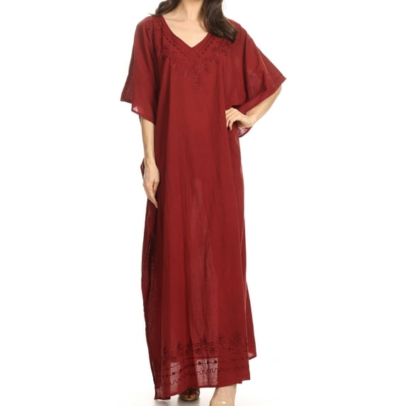 Sakkas Favi Womens Casual Long Maxi Dress Caftan Cover Up Loungewear in Rayon - Red - One Size Regular