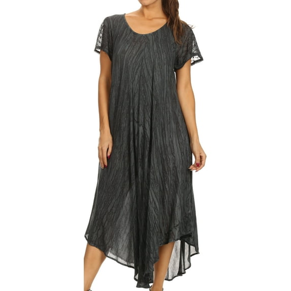 Sakkas Faye Cap Sleeved Cotton Caftan Cover Up Dress - Black - One Size Regular