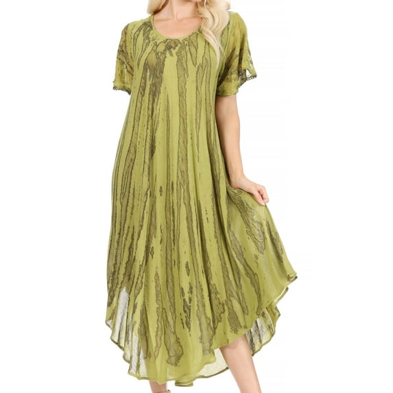 Sakkas Faye Cap Sleeved Cotton Caftan Cover Up Dress - Green - One Size Regular