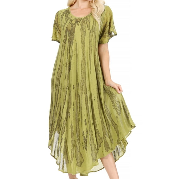 Sakkas Faye Cap Sleeved Cotton Caftan Cover Up Dress - Green - One Size Regular